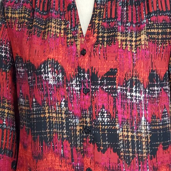 Notations Split Back Red Multicolor Long Sleeve ButtonUp Career Wear Blouse Top - Picture 2 of 9